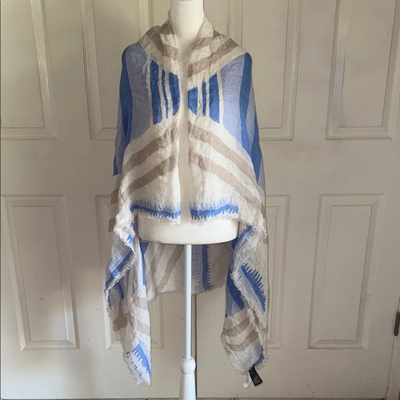 NWT Coach Fire Dance Fringed Shawl In Blue, Cream And Tan Linen Blend - Picture 2 of 8
